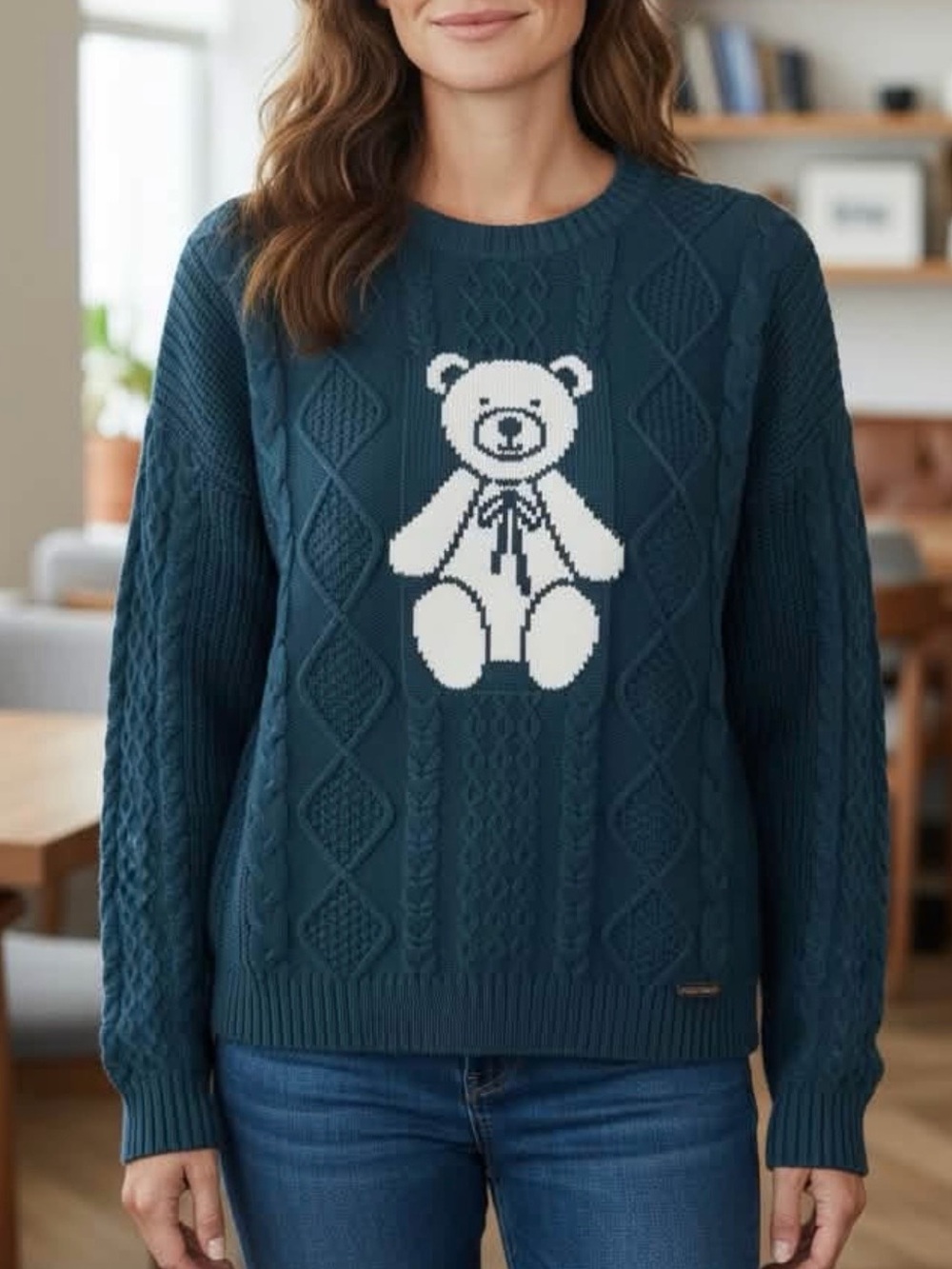 Simply Southern Deep Teal Cable-Knit Sweater with White Teddy